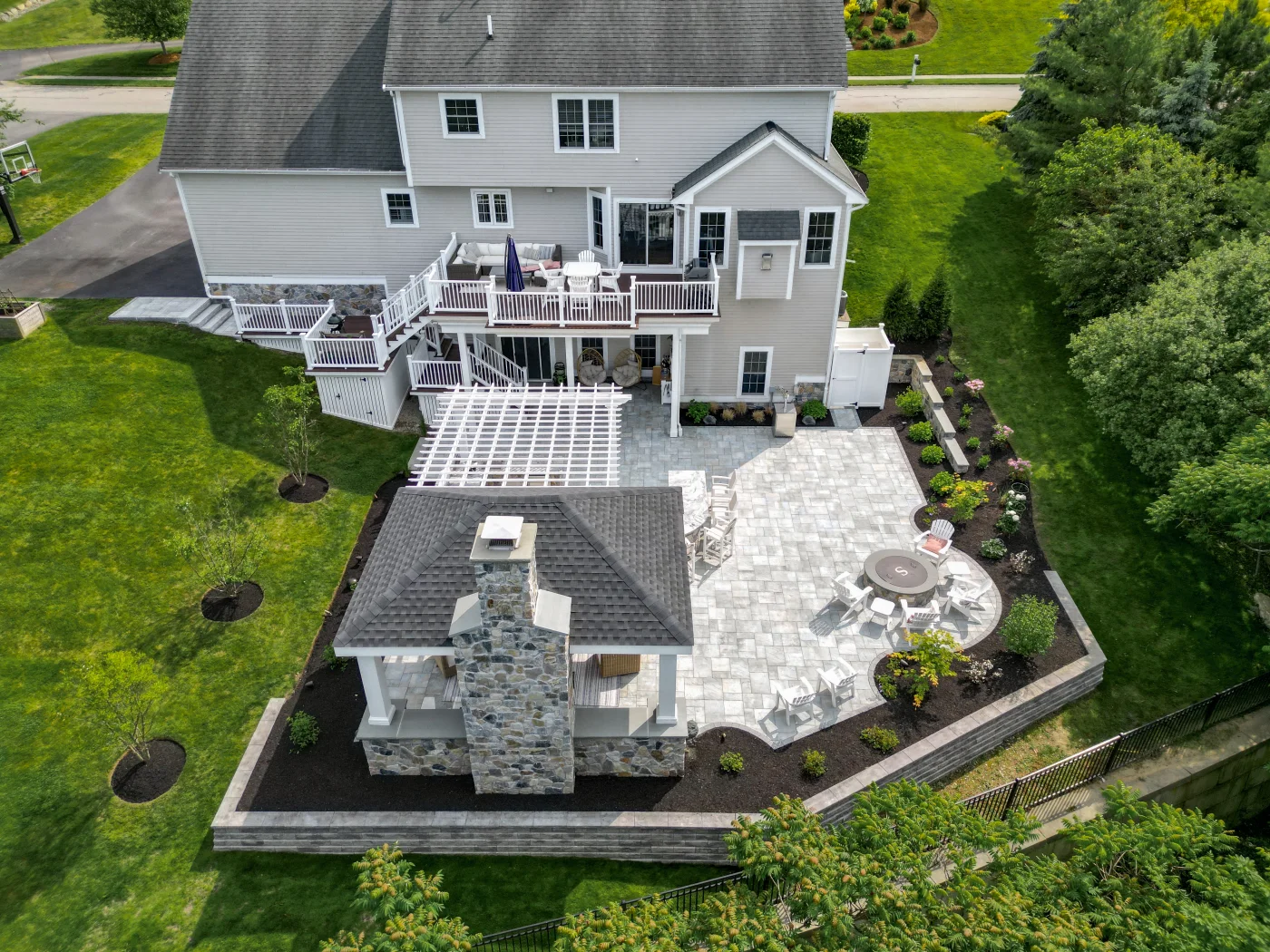 Aerial view of Hingham property showing full outdoor living layout