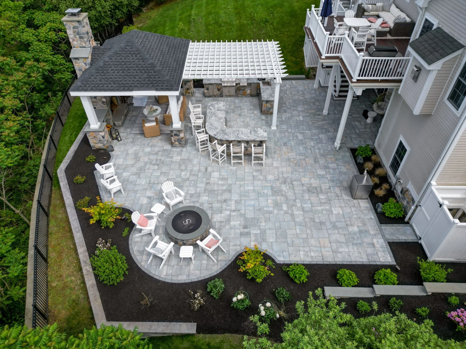 Aerial view of Hingham backyard outdoor living space with pavilion, pergola, and fire pit