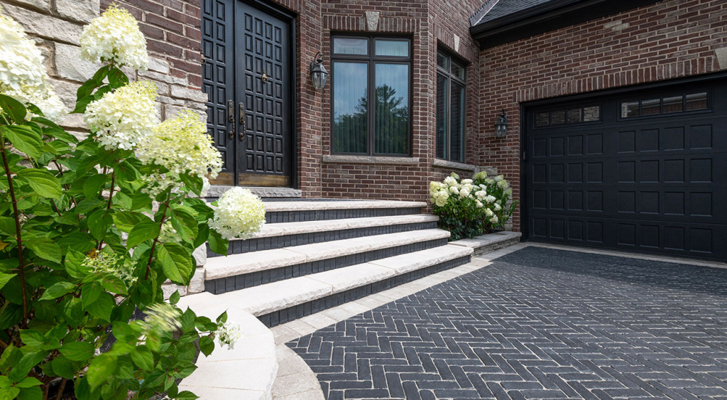 Copthorne herringbone driveway with curved steps